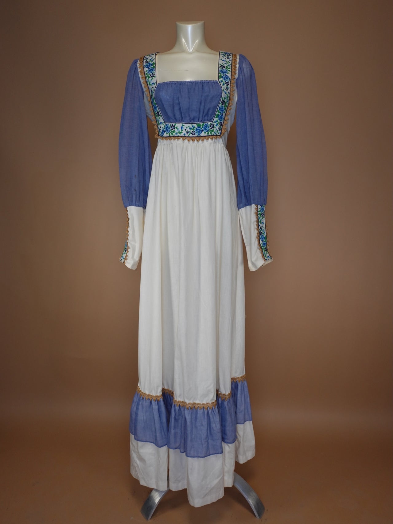 1960s - Gunne Sax Style Prairie Girl Dress with Embroidered Bust Detailing