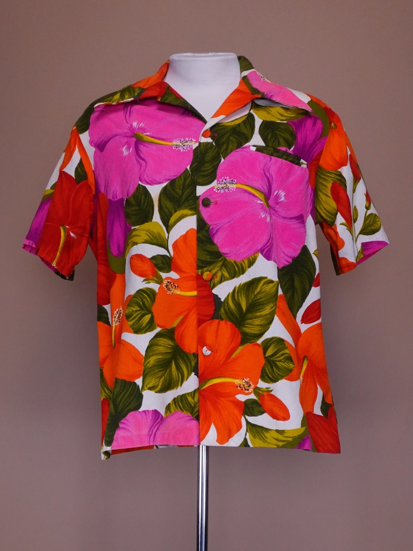 1970s - Pacific Isle Pink/Orange/Green Bar Cloth Hawaiian Shirt