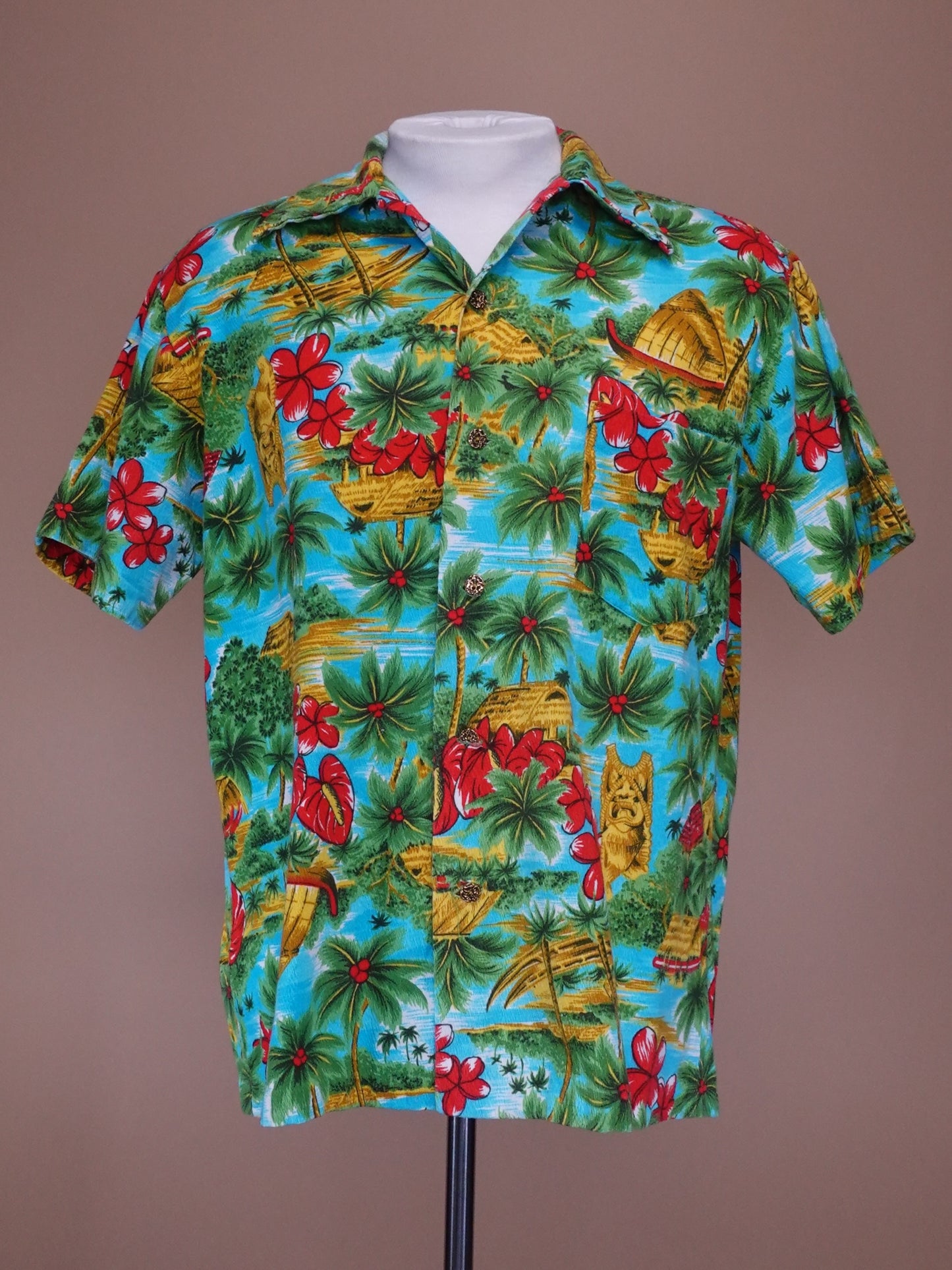 1970s - Likeke Fashions Tiki Pattern Bar Cloth Hawaiian Shirt