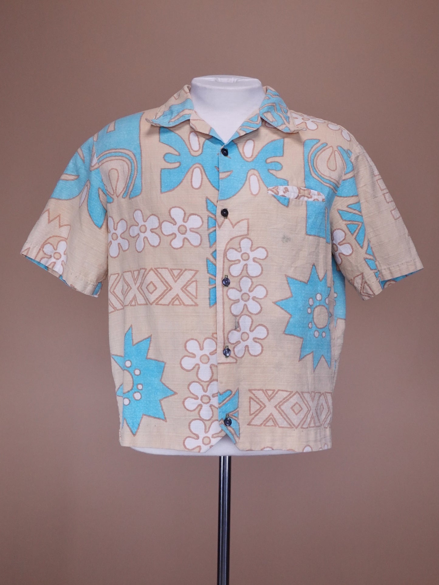1980s - Malihini Beige/Blue Bar Cloth Hawaiian Shirt
