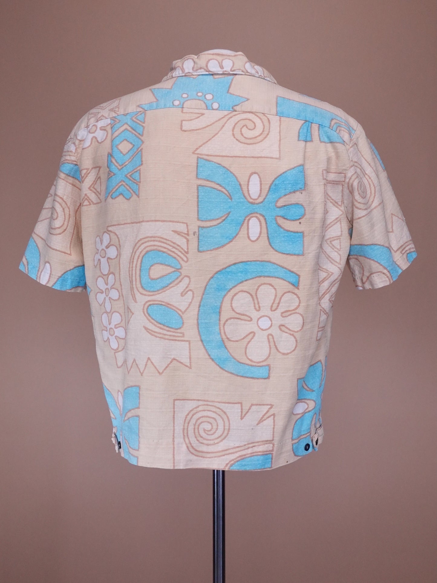 1980s - Malihini Beige/Blue Bar Cloth Hawaiian Shirt