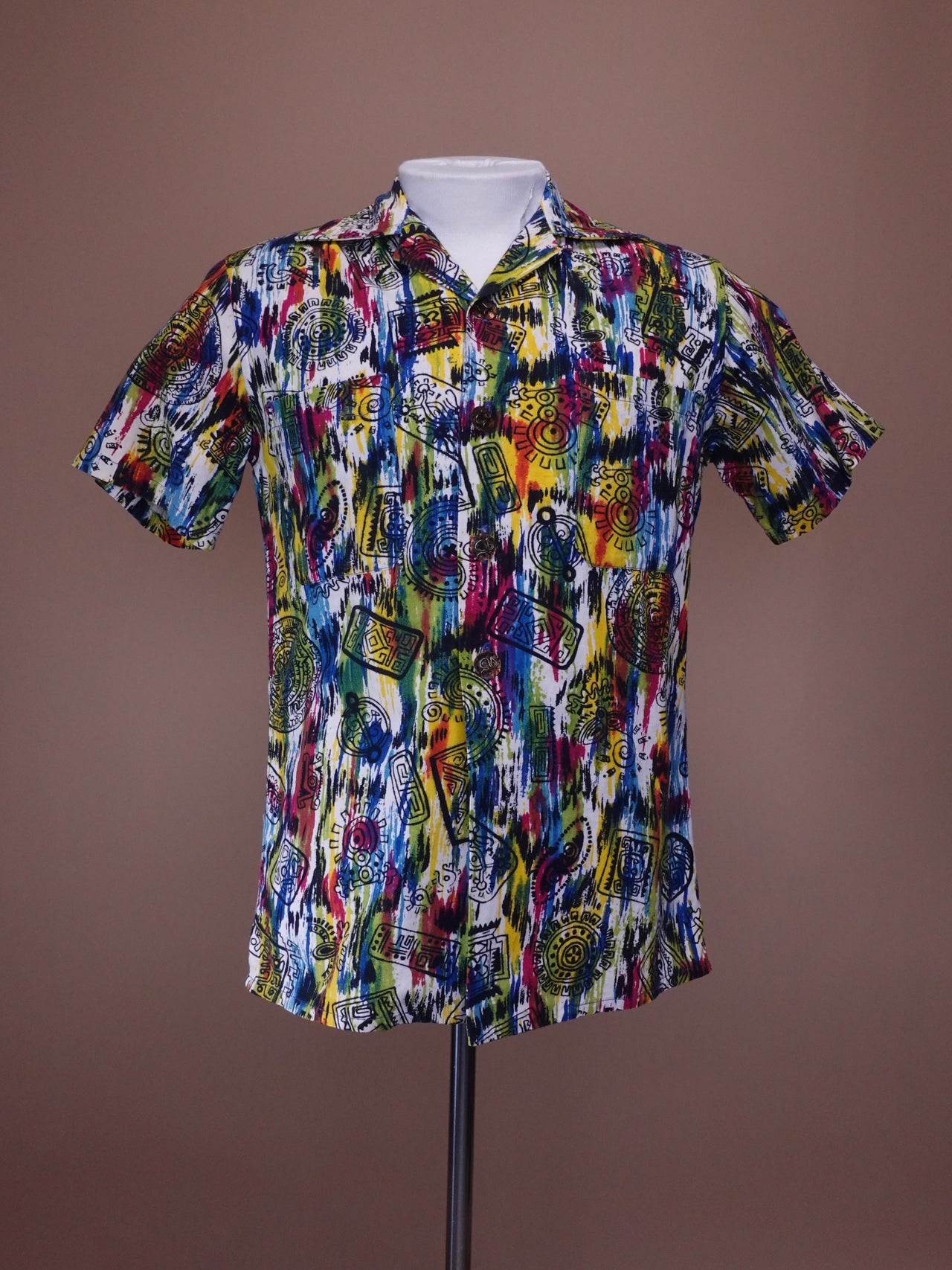 Vintage 1970s - Maya Del Mexico Mayan Pattern Short Sleeve Shirt
