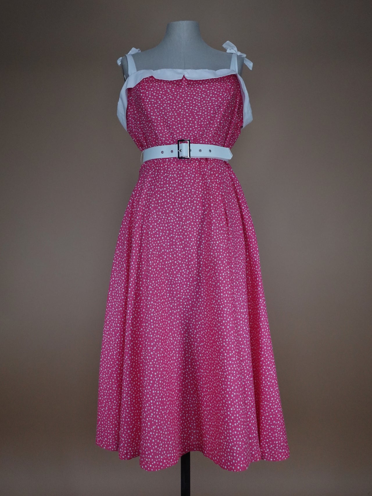 1960s - Pink Calico Pattern Belted Sun Dress