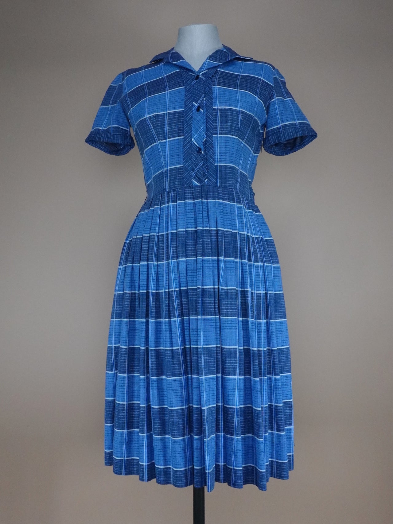 1950s - Blue Plaid Cotton Day Dress