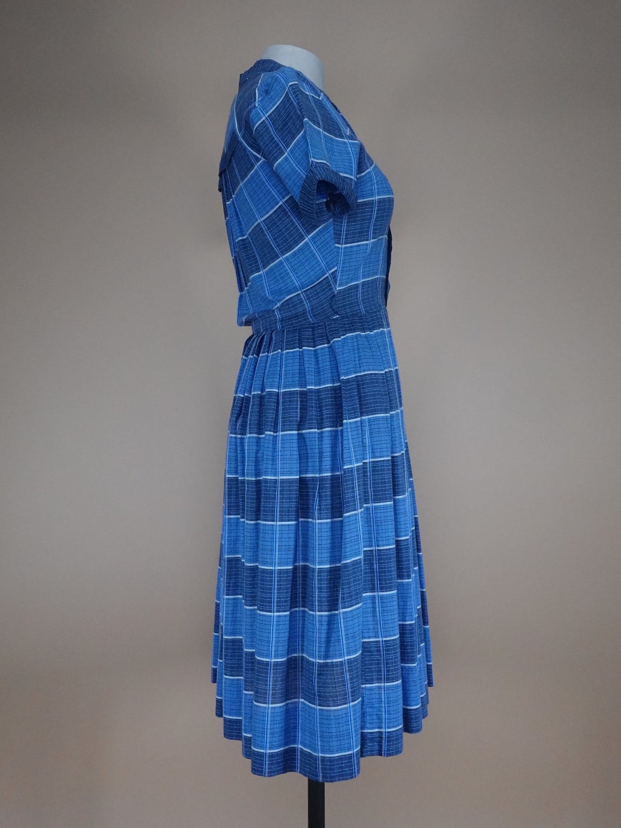 1950s - Blue Plaid Cotton Day Dress