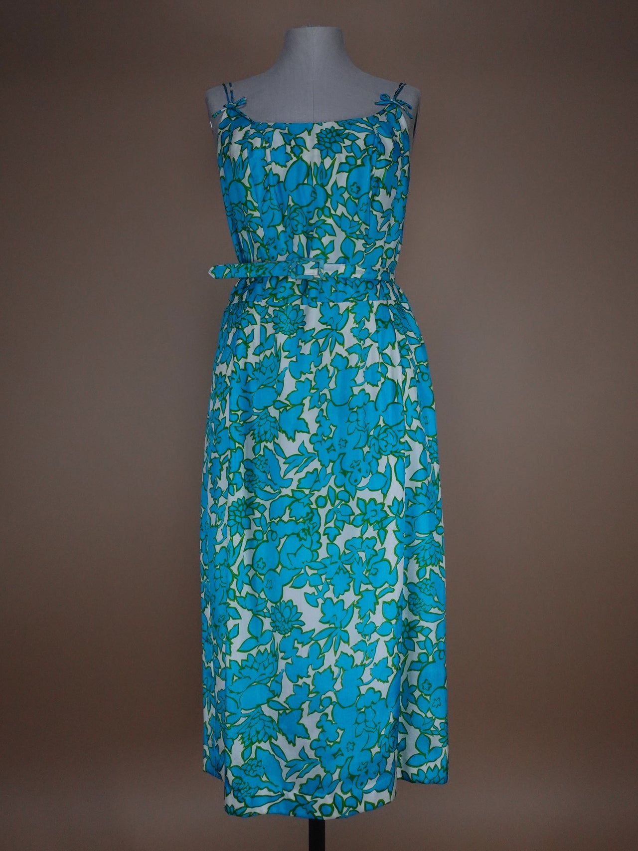 1960s - Floral Blueberry Pattern Silk Belted Sun Dress