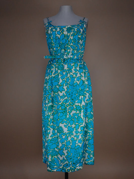 1960s - Floral Blueberry Pattern Silk Belted Sun Dress