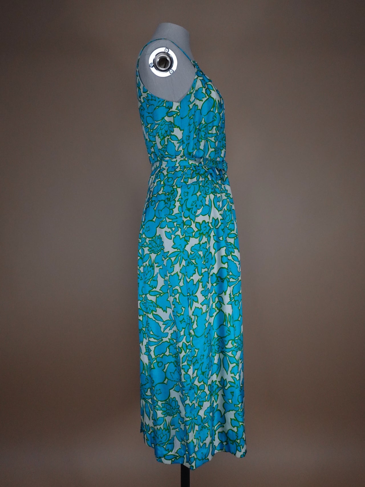 1960s - Floral Blueberry Pattern Silk Belted Sun Dress
