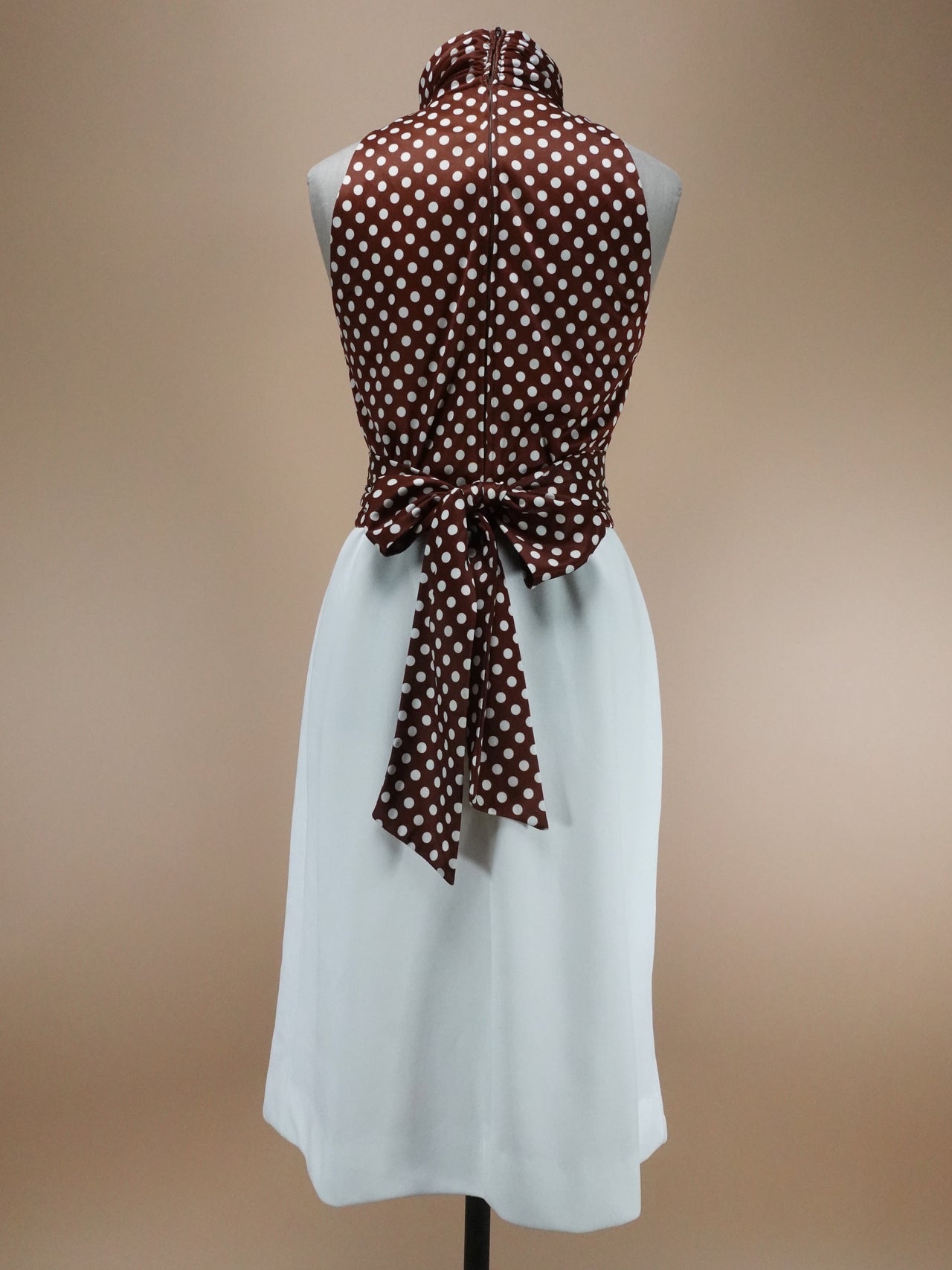 Vintage 1970s - Brown Polka Dot Sleeveless Polyester Midi Dress With Turtle Neck
