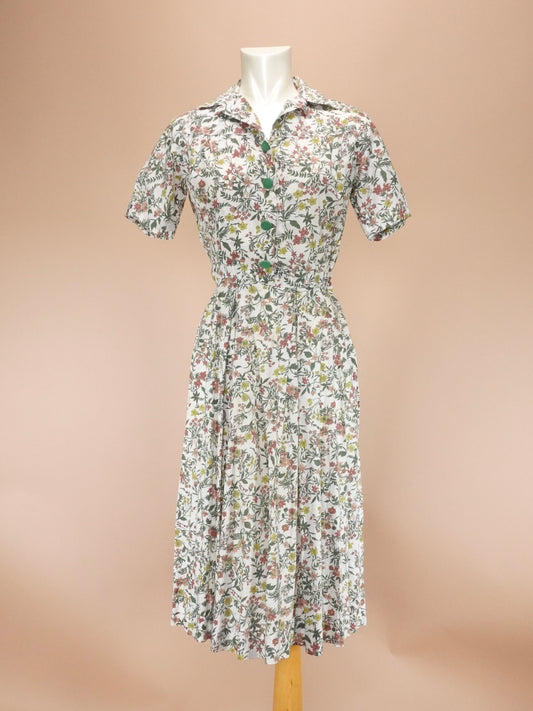 Vintage 1940s-50s | Autumn Floral Day Dress w/ Bakelite Buttons