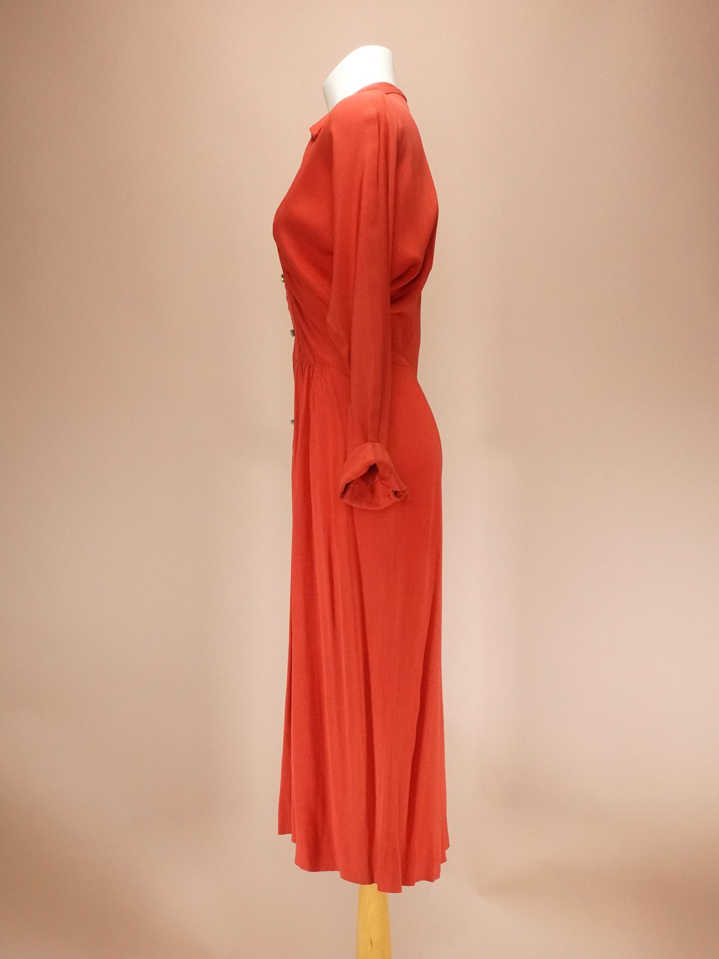 Vintage 1940s | Orange Day Dress w/ Rhinestone Closure
