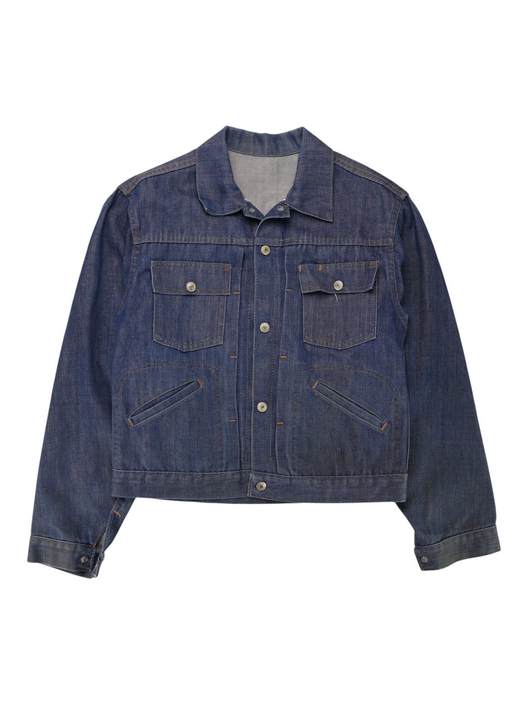 Exile Vintage 1960s dark blue denim jacket with pleated front, button-down closure, and two chest pockets.