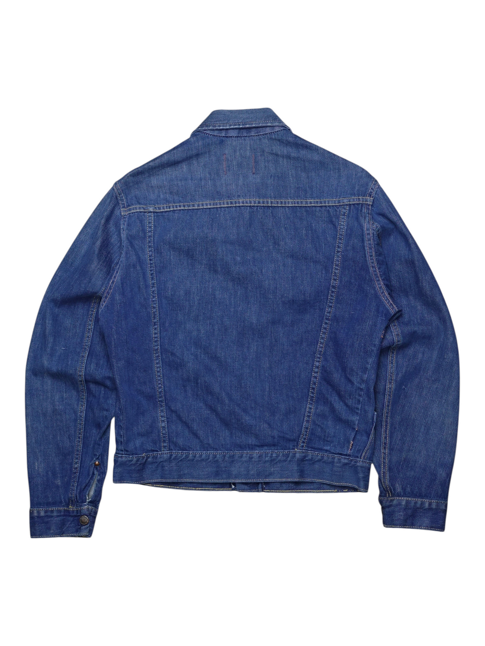 Exile Vintage 1970s Bar C blue denim trucker jacket, back view showing classic stitching and collar detail.