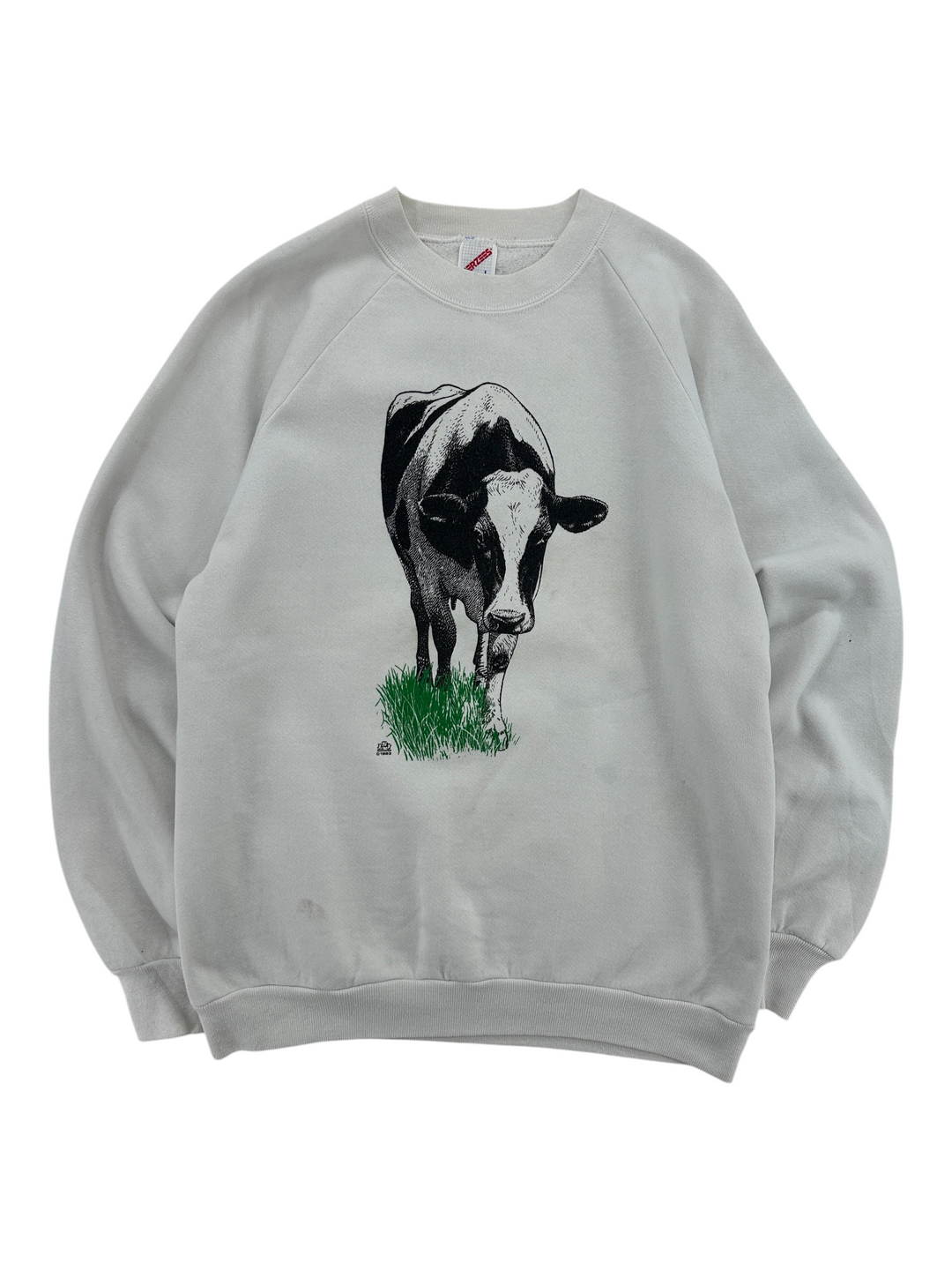 Exile Vintage 1980s grey crewneck sweatshirt featuring a black and white cow graphic with green grass