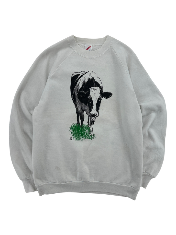 Exile Vintage 1980s grey crewneck sweatshirt featuring a black and white cow graphic with green grass