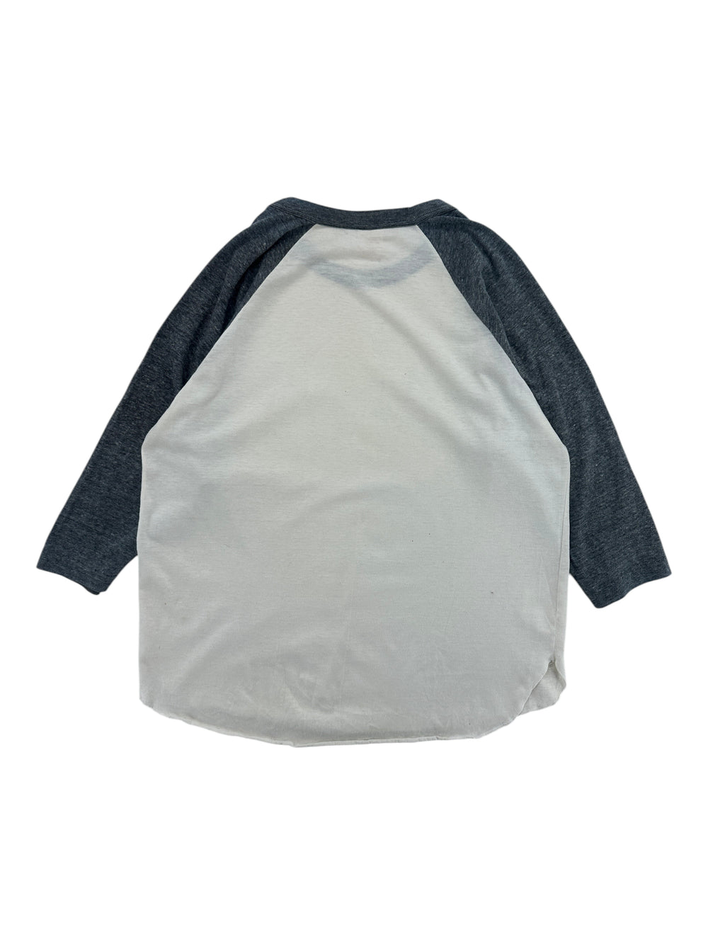 Exile Vintage 1980s baseball style t-shirt with cream body and dark grey raglan sleeves, back view