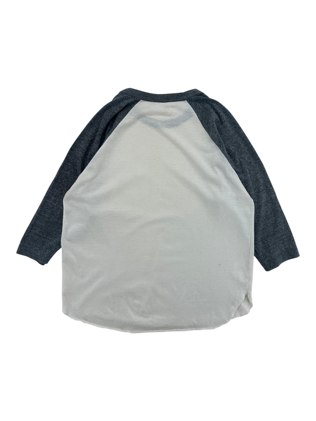 Exile Vintage 1980s baseball style t-shirt with cream body and dark grey raglan sleeves, back view