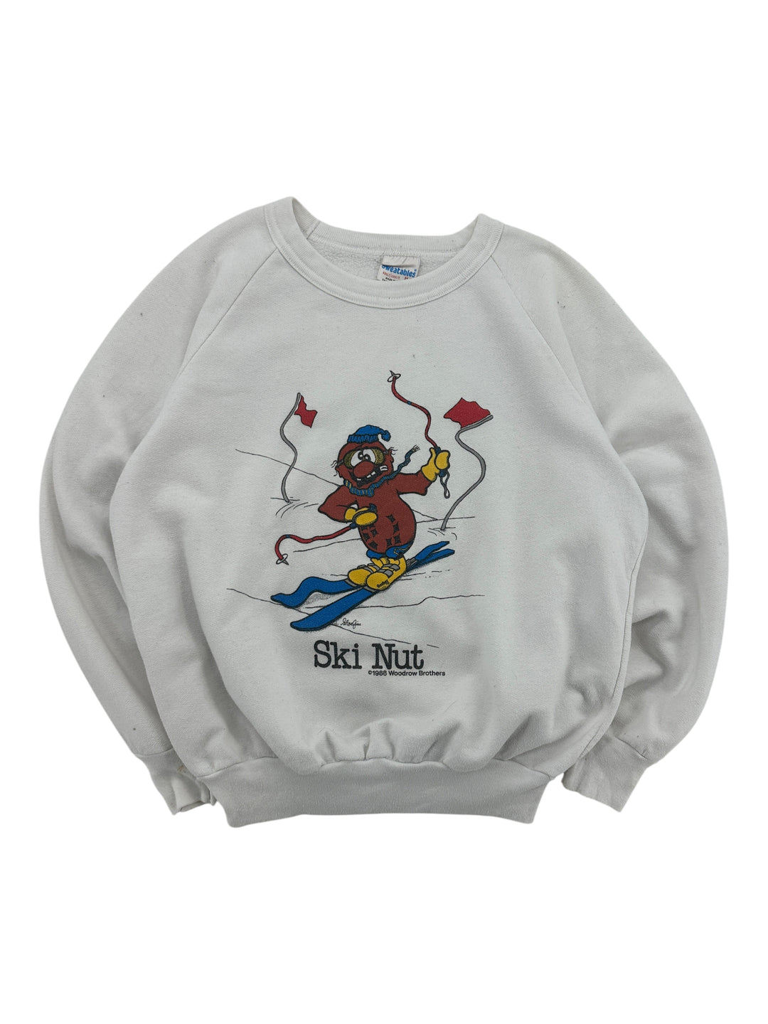 Exile Vintage 1980s white crewneck sweatshirt featuring a retro Ski Nut cartoon graphic print