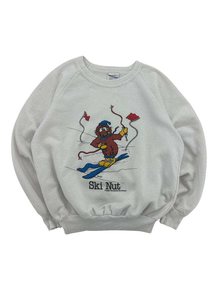 Exile Vintage 1980s white crewneck sweatshirt featuring a retro Ski Nut cartoon graphic print