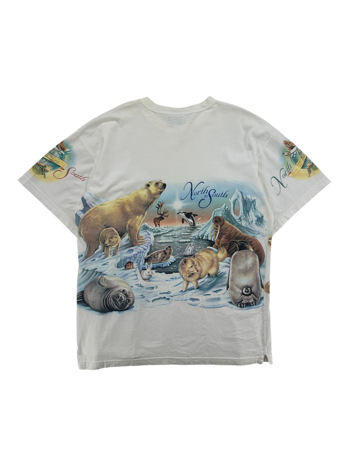 Exile Vintage 1990s all-over print t-shirt featuring Arctic animals like polar bears and walruses on a white base.