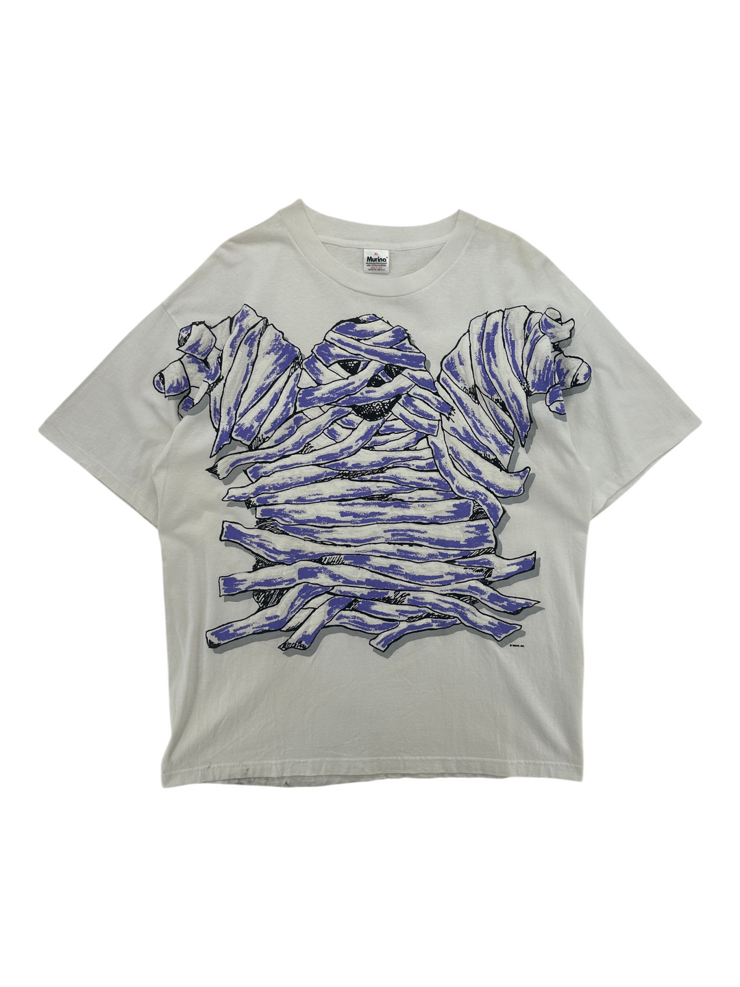 Exile Vintage 1990s white cotton t-shirt featuring a graphic print of a mummy wrapped in purple and black bandages.