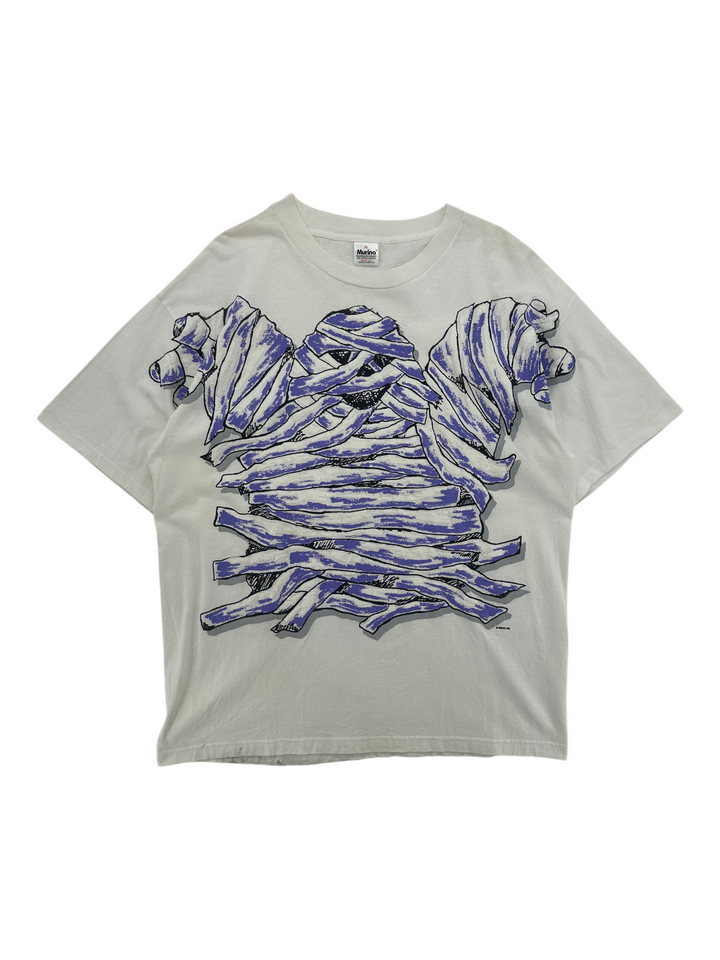 Exile Vintage 1990s white cotton t-shirt featuring a graphic print of a mummy wrapped in purple and black bandages.