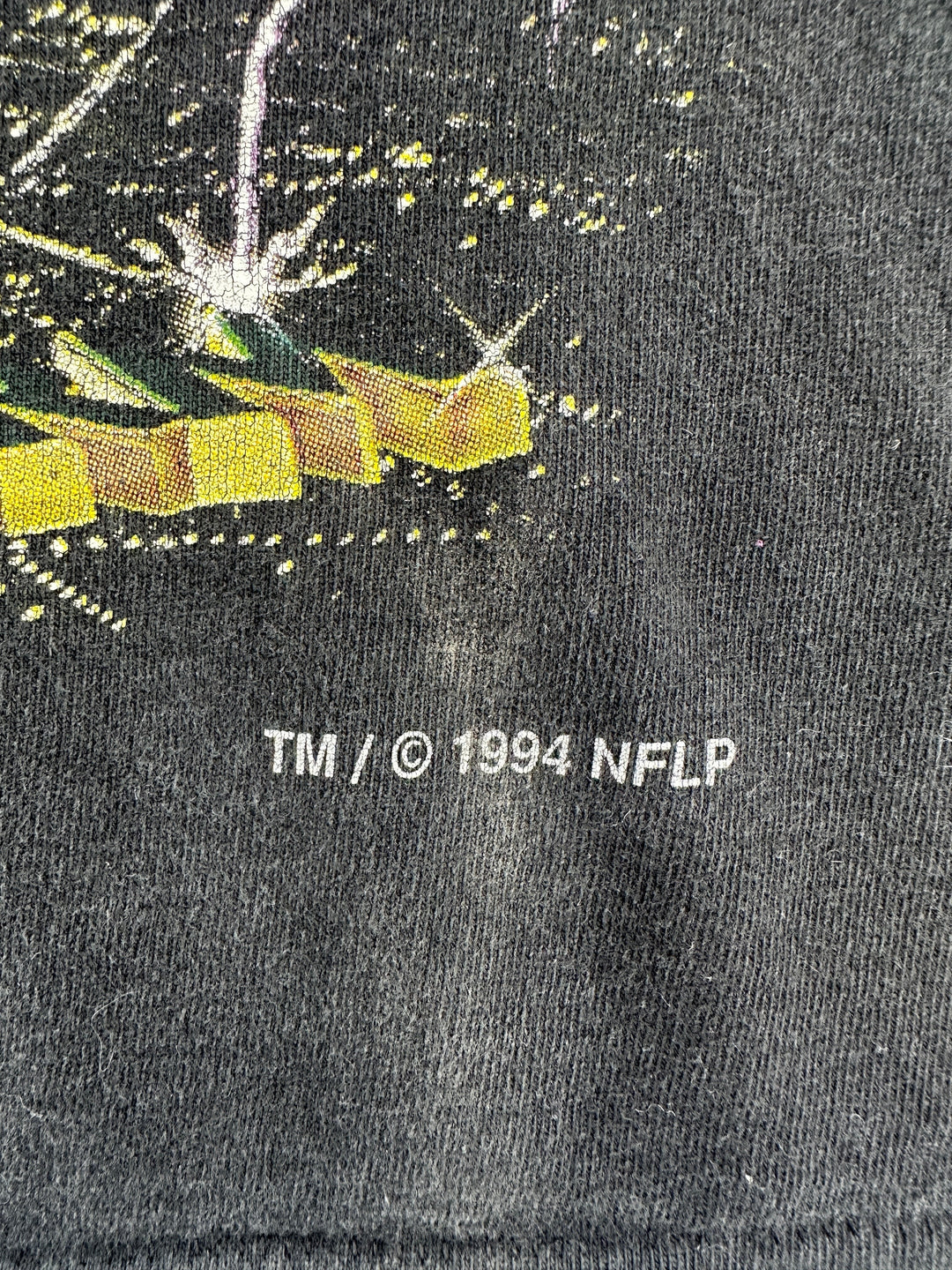 Exile Vintage 1994 NFLP copyright detail on a black vintage Green Bay Packers graphic t-shirt