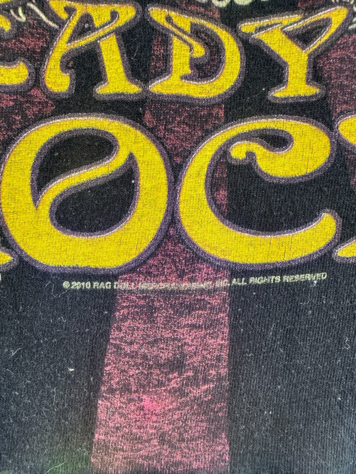 Exile Vintage 2010 Aerosmith Cocked Locked Ready To Rock graphic t-shirt with distressed yellow and red print
