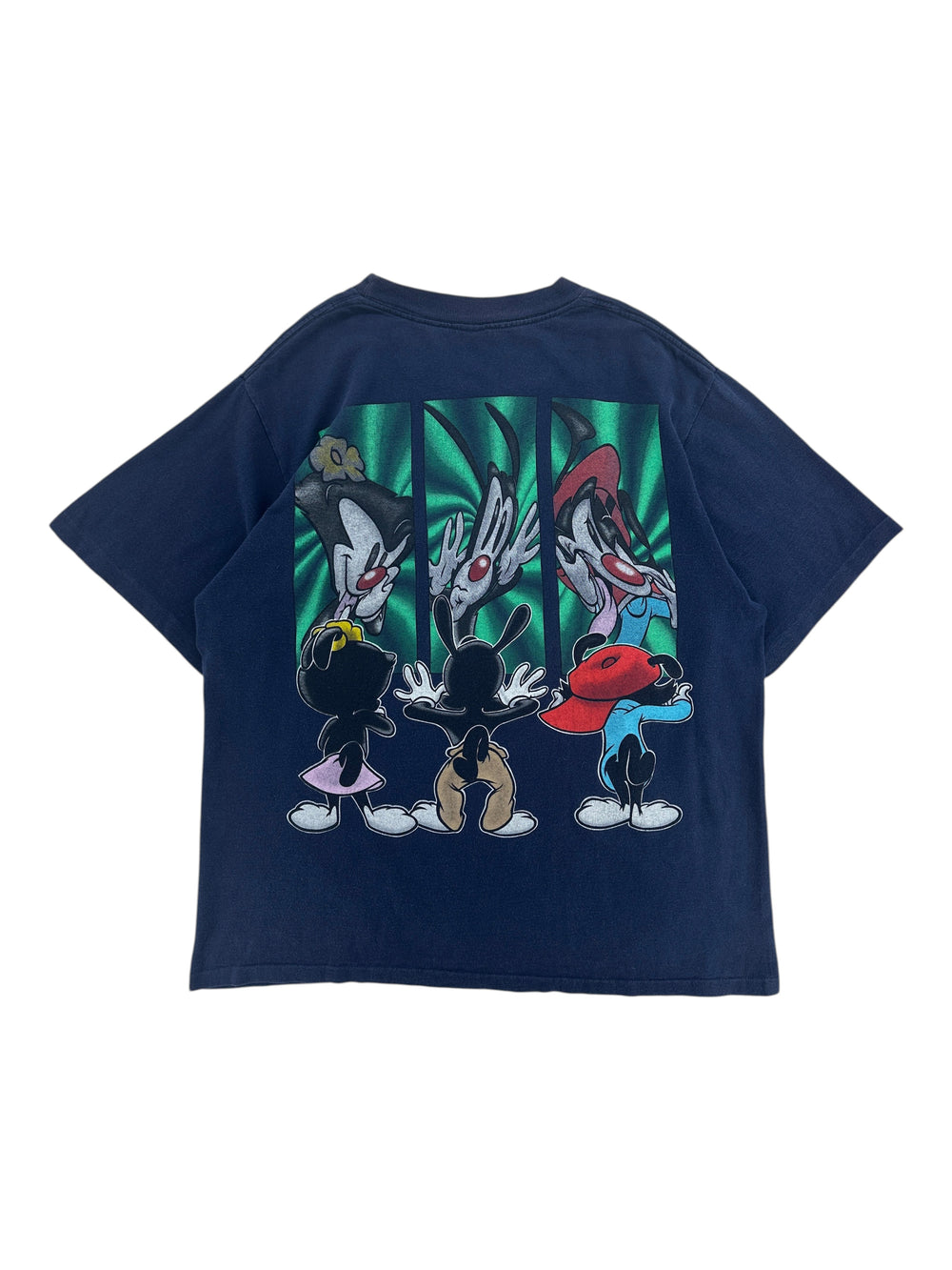 Exile Vintage 1990s navy blue Animaniacs graphic t-shirt featuring Yakko, Wakko, and Dot in a back view print