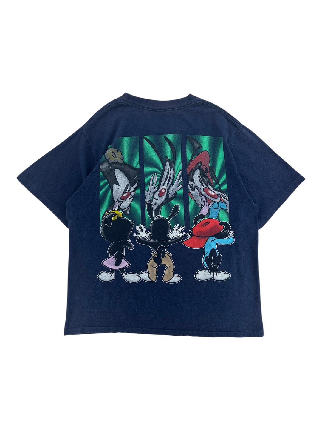 Exile Vintage 1990s navy blue Animaniacs graphic t-shirt featuring Yakko, Wakko, and Dot in a back view print
