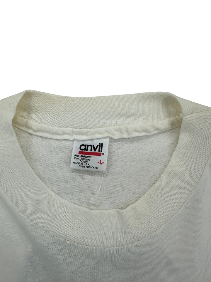 Exile Vintage white 1990s Anvil cotton t-shirt neck label showing size L and made in USA details.