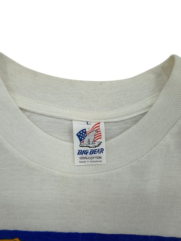 Exile Vintage white cotton t-shirt collar with Big Bear brand tag showing size L and 100 percent cotton label