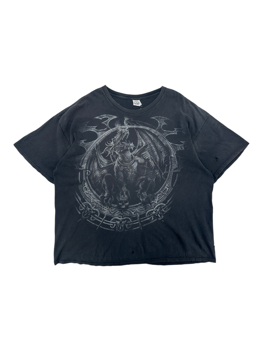 Exile Vintage 2000s black graphic t-shirt featuring a detailed dragon illustration in a circular frame, size 2XL.