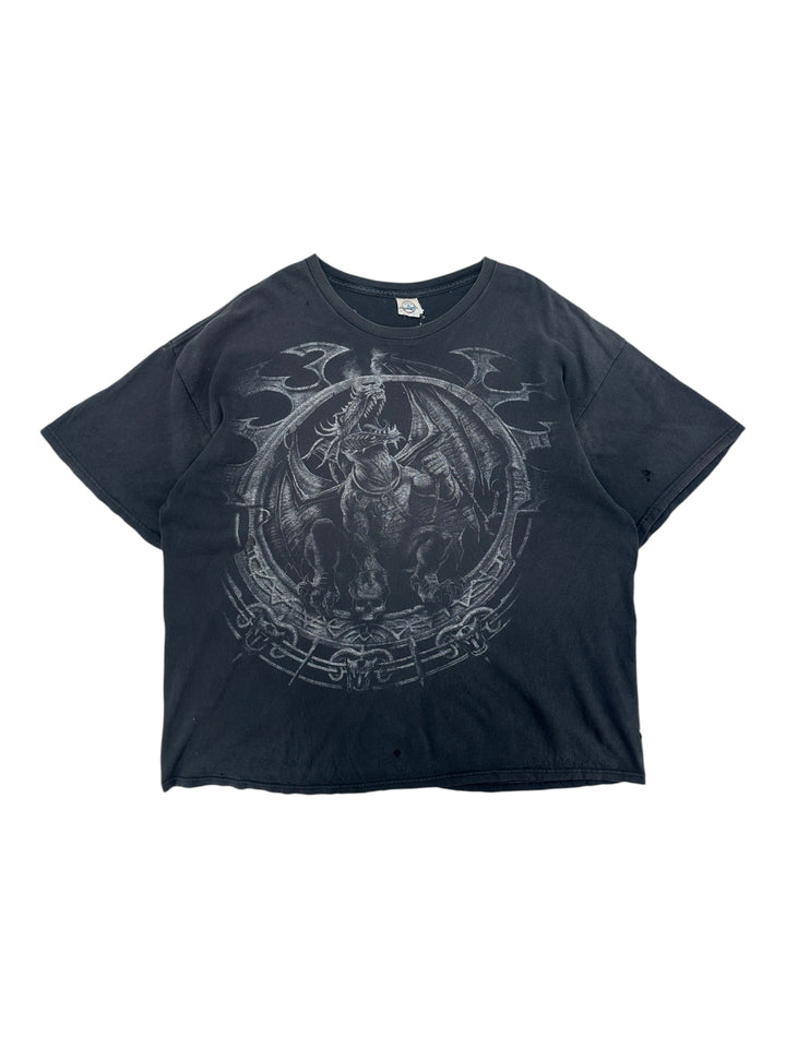 Exile Vintage 2000s black graphic t-shirt featuring a detailed dragon illustration in a circular frame, size 2XL.