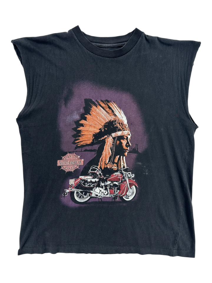 Exile Vintage black sleeveless t-shirt featuring a Native American chief in a headdress and a red motorcycle graphic