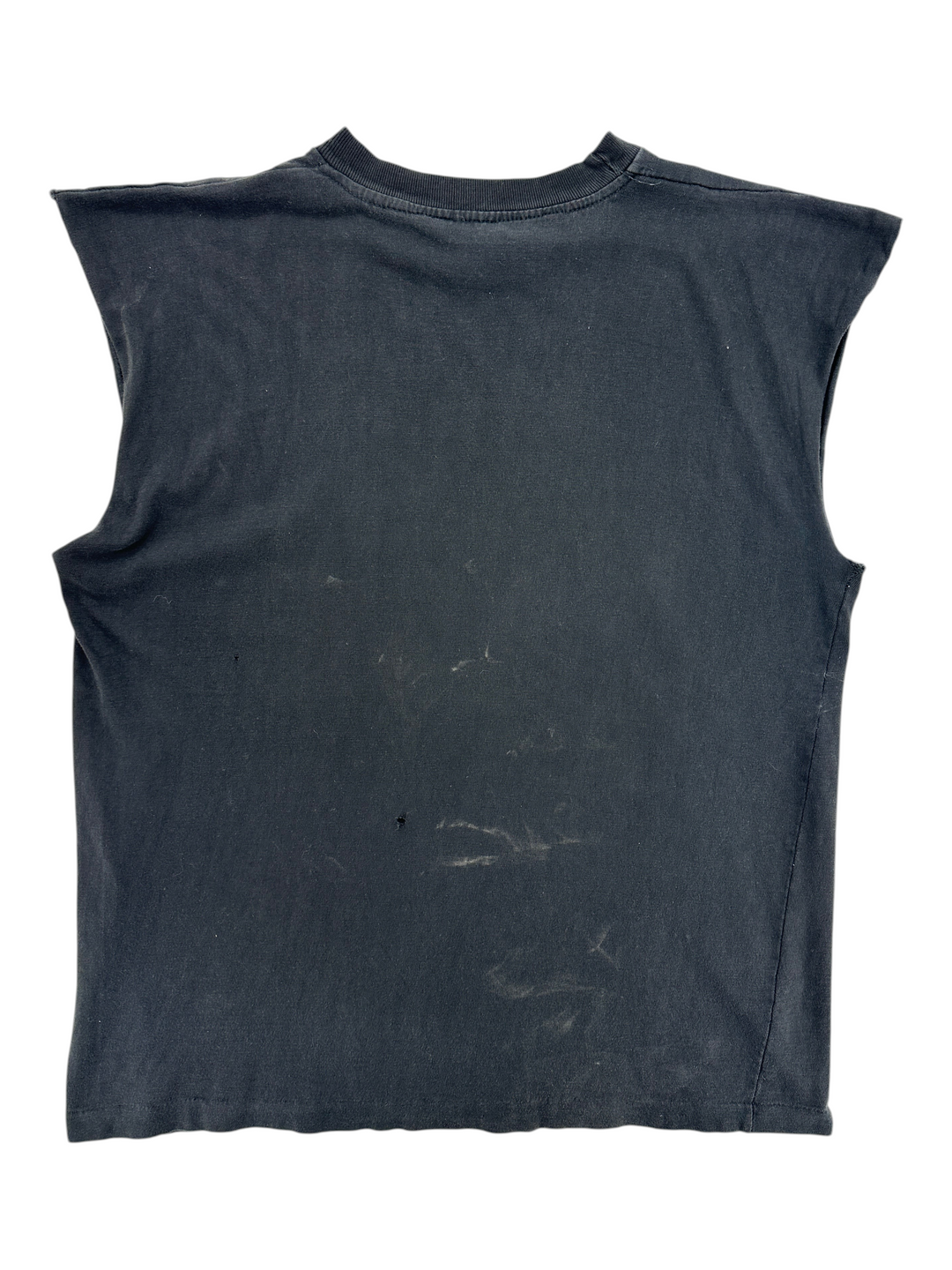 Back view of a black Exile Vintage sleeveless t-shirt with distressed raw armholes and minor fabric wear.