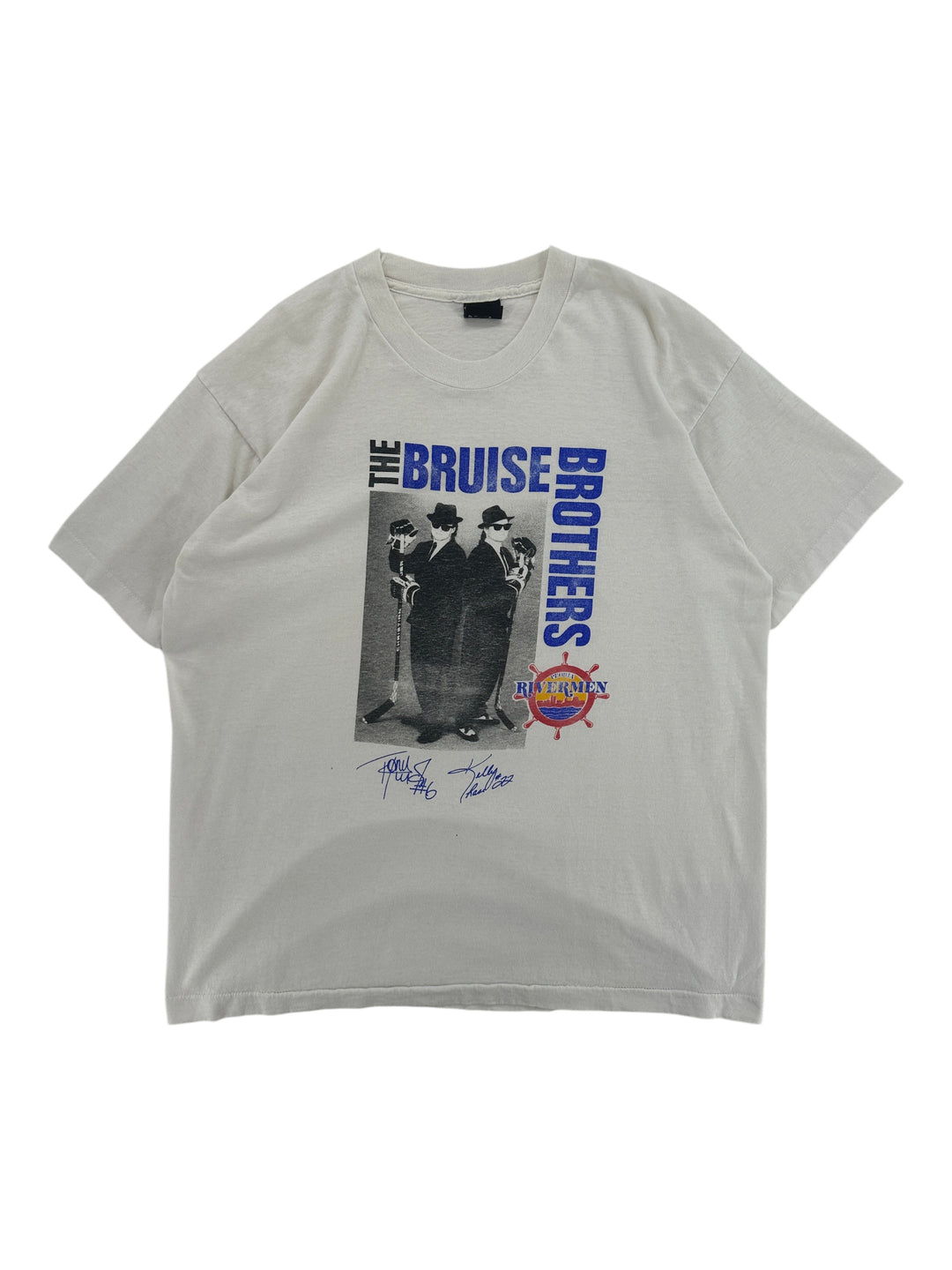 Exile Vintage white The Bruise Brothers graphic t-shirt with Rivermen logo and signatures in size XL