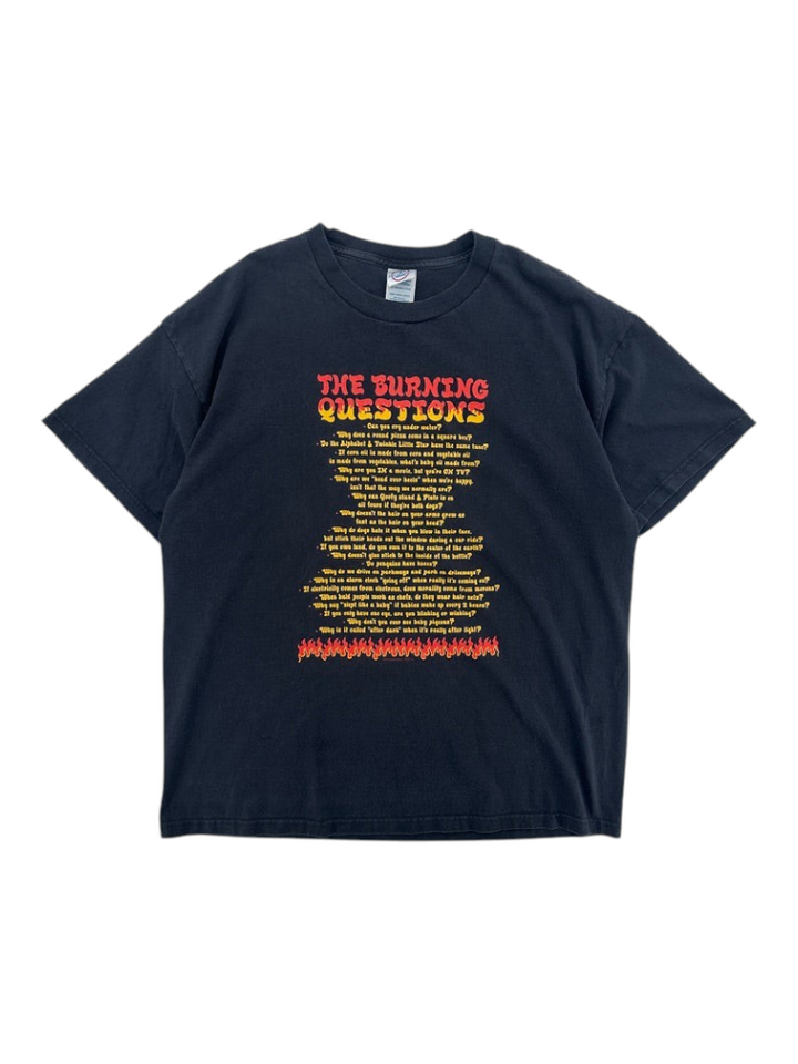 Exile Vintage black graphic t-shirt featuring The Burning Questions text in red and yellow with flame accents.