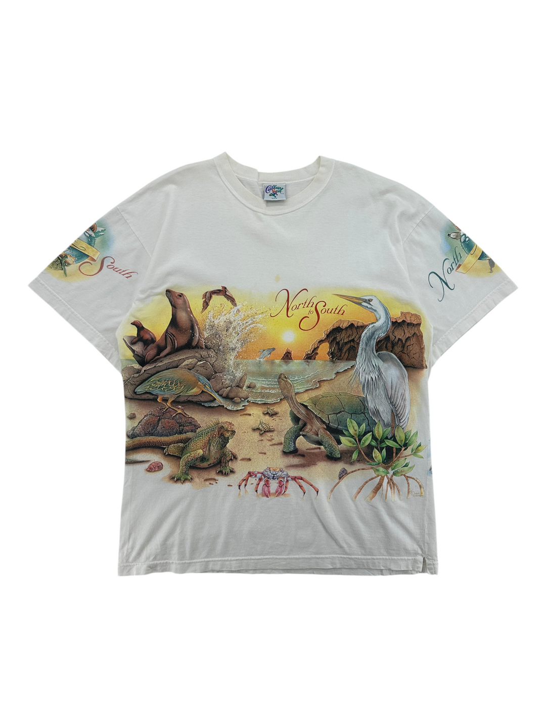 Exile Vintage 1990s Caribbean Soul all-over print t-shirt featuring tropical animals on a white cotton base.