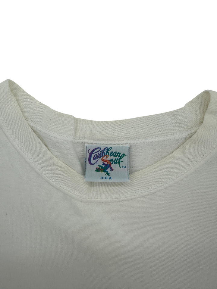 Exile Vintage 1990s Caribbean Soul white t-shirt featuring a colourful animal logo on the inner neck label