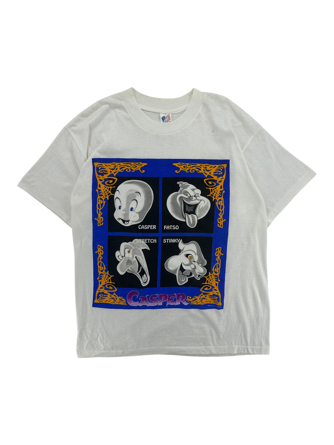 Exile Vintage white 1990s Casper and the Ghostly Trio graphic t-shirt with a blue frame and spiderweb border