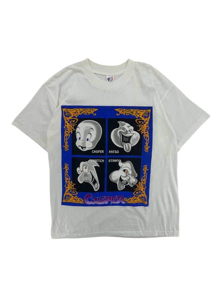 Exile Vintage white 1990s Casper and the Ghostly Trio graphic t-shirt with a blue frame and spiderweb border