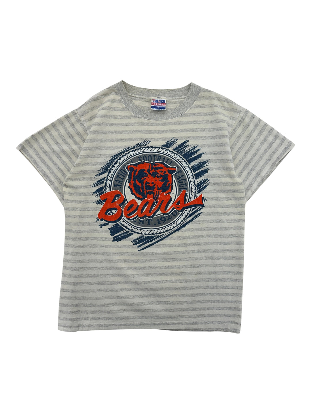 Exile Vintage 1990s Chicago Bears grey striped t-shirt with graphic logo print, size medium.