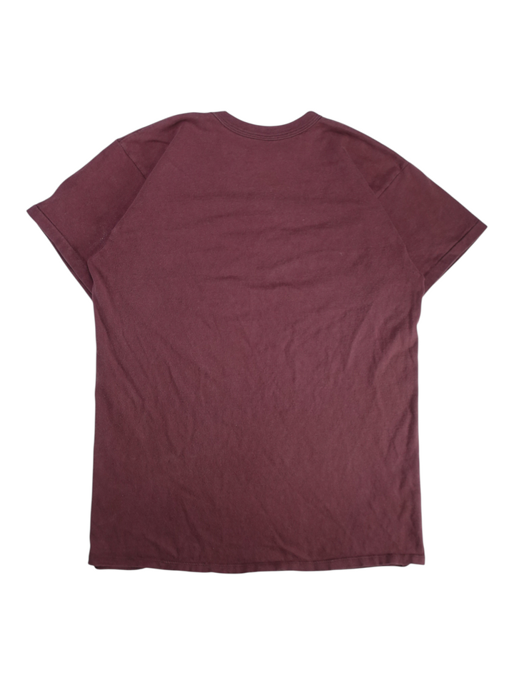 Exile Vintage 1980s Cleveland Browns maroon cotton t-shirt, back view of a plain vintage crewneck tee