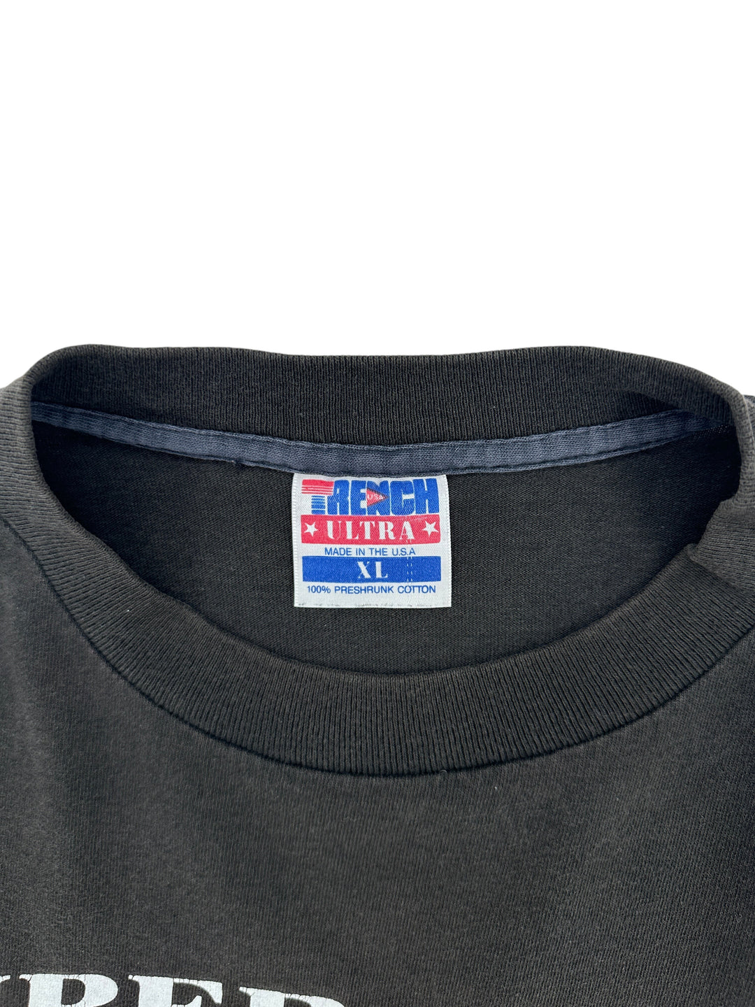 Exile Vintage black 1990s Dallas Cowboys Super Bowl t-shirt collar tag showing Trench Ultra size XL label