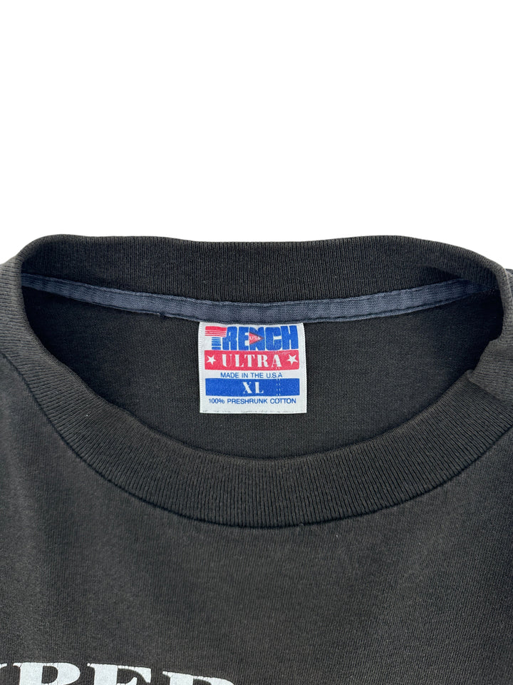 Exile Vintage black 1990s Dallas Cowboys Super Bowl t-shirt collar tag showing Trench Ultra size XL label