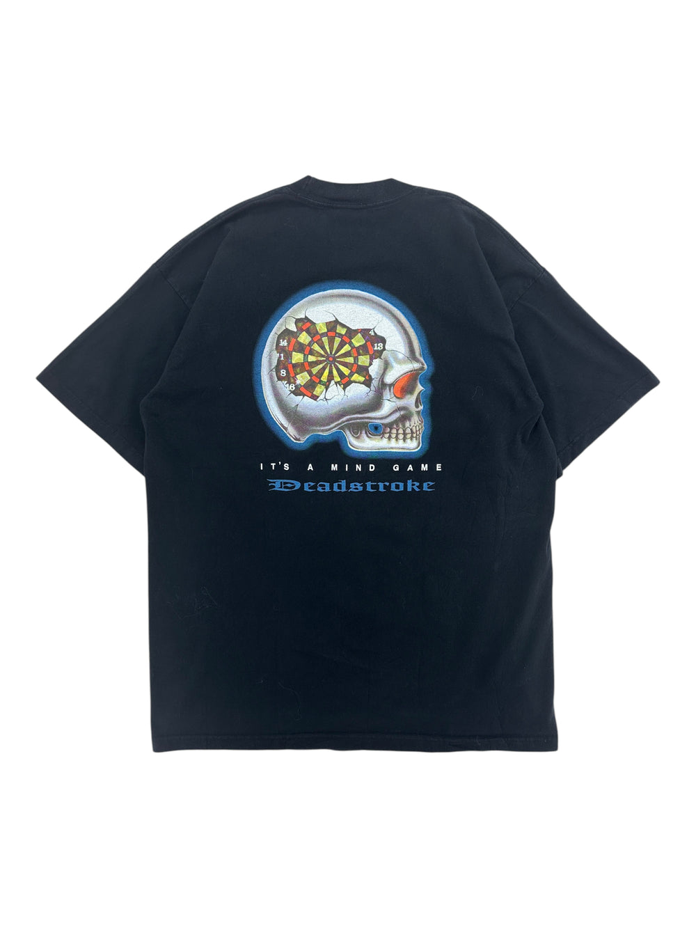 Exile Vintage black 1990s Dead Stroke graphic t-shirt featuring a skull with a dartboard brain and text