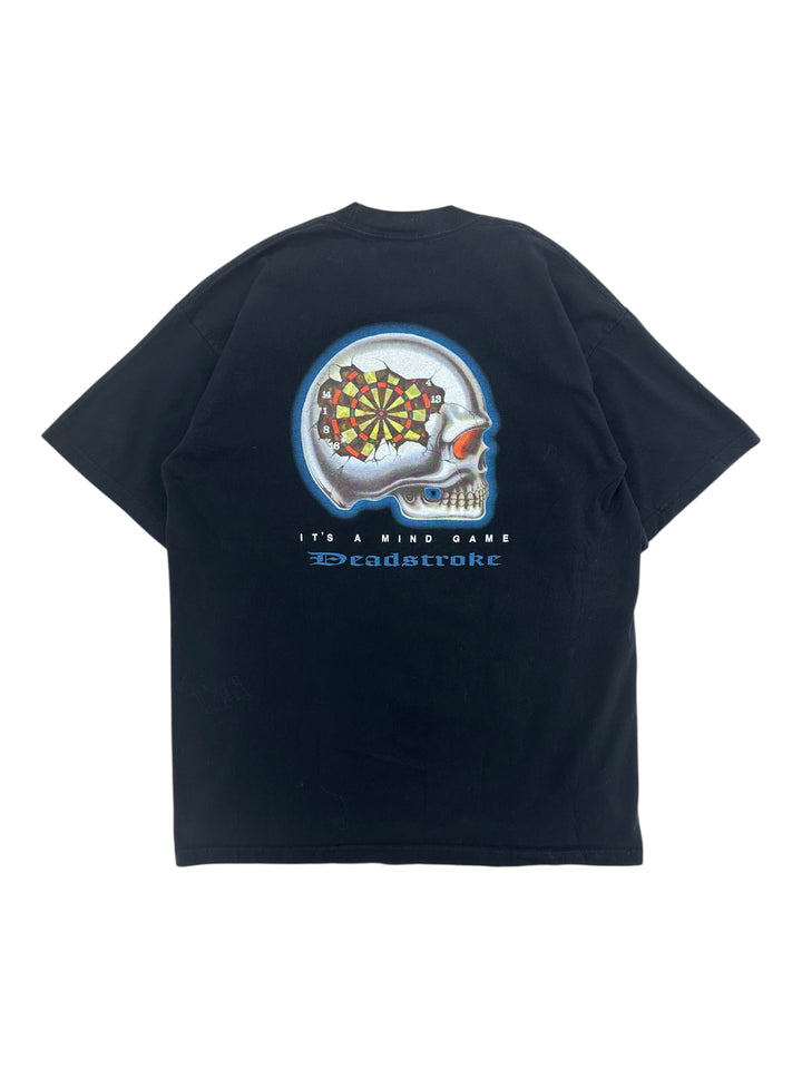 Exile Vintage black 1990s Dead Stroke graphic t-shirt featuring a skull with a dartboard brain and text
