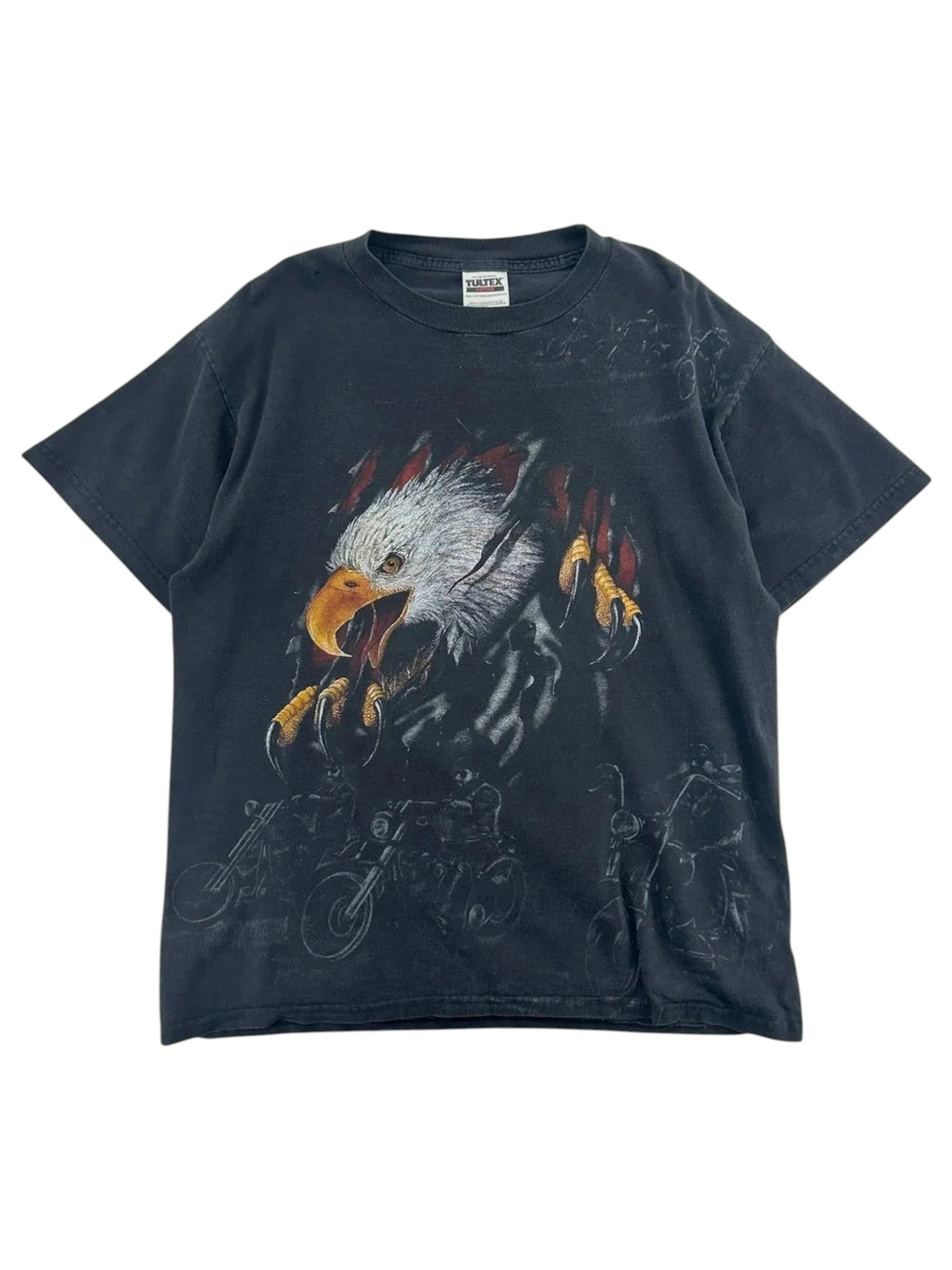 Exile Vintage black cotton t-shirt with a graphic print of a bald eagle with its claws extended over motorcycles. Size L.