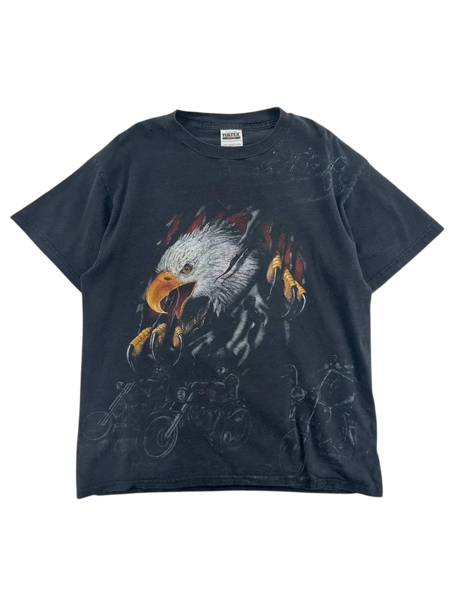 Exile Vintage black cotton t-shirt with a graphic print of a bald eagle with its claws extended over motorcycles. Size L.
